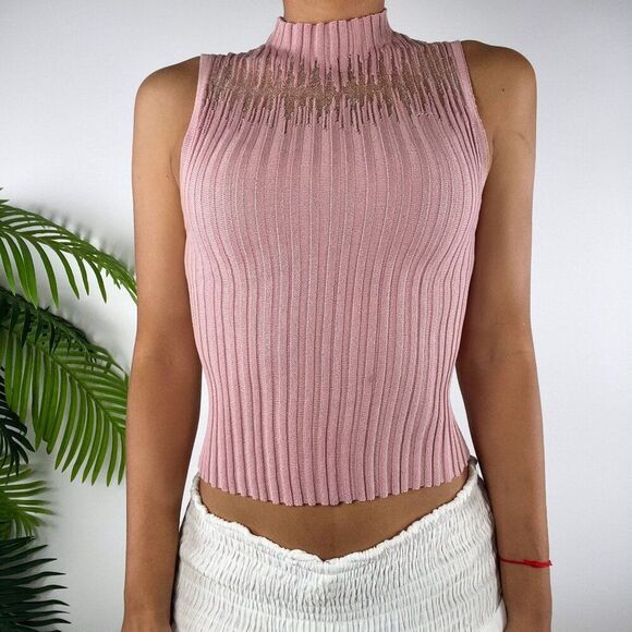 Vintage Mauve Coquette Cottagecore Mock Neck Ribbed Sleeveless Knit Top / S - Picture 3 of 5